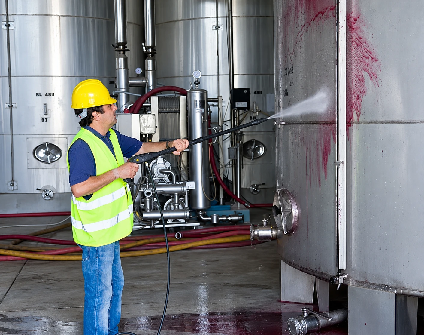 Trabajador realizando limpieza con agua a presión en cubas de acero inoxidable.