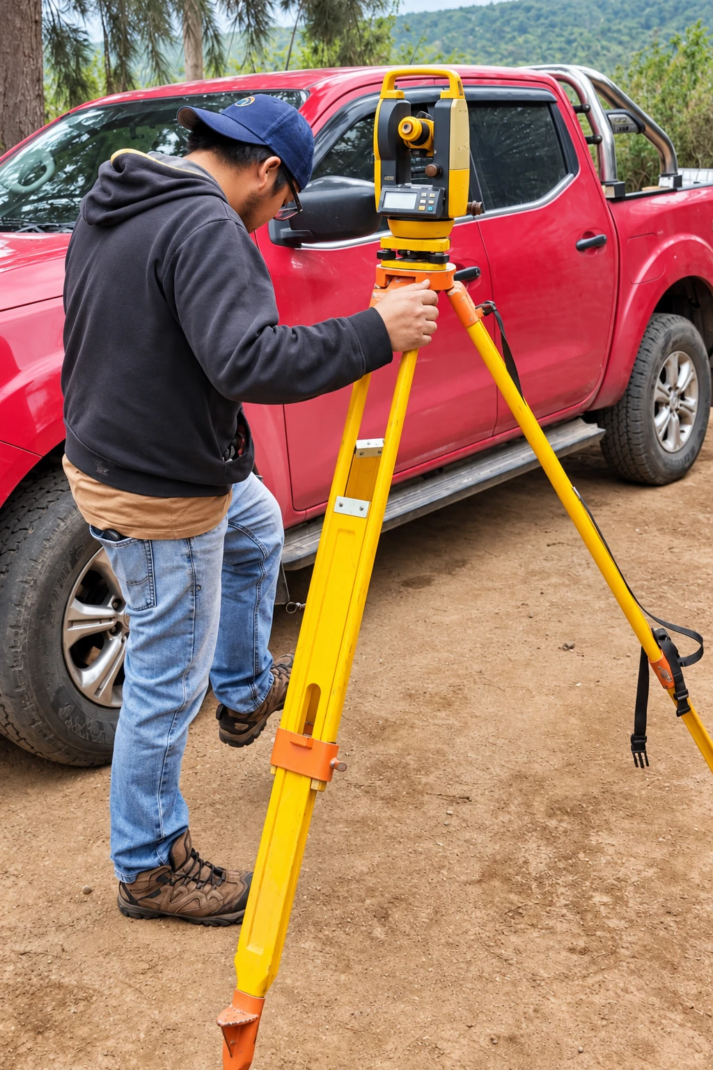 Trabajo de levantamiento en terreno con equipo de topografía.